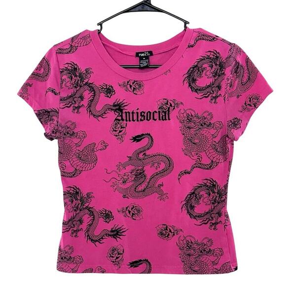 Rue21 Y2K Antisocial Rose Dragon Print Top Short Sleeve Crewneck Pink Black SZ M - Picture 1 of 9